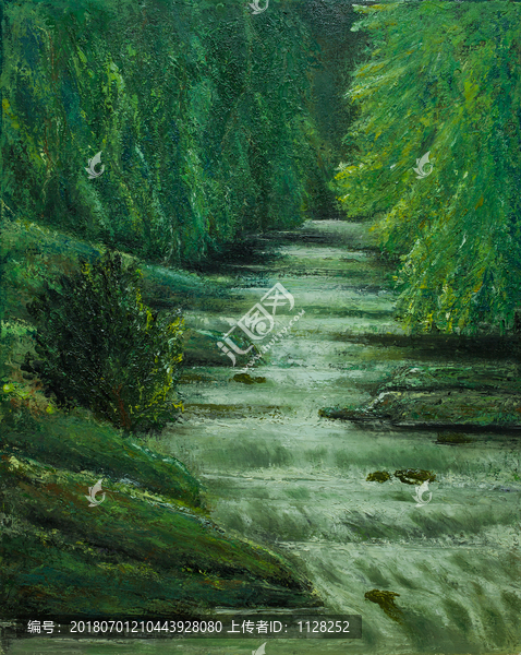 風景抽象油畫溪流樹林