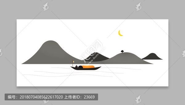 夜钓现代中国画山水画意境水墨