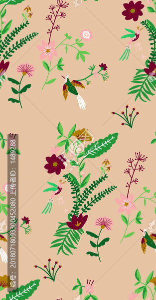樹葉小鳥樹枝印花圖案