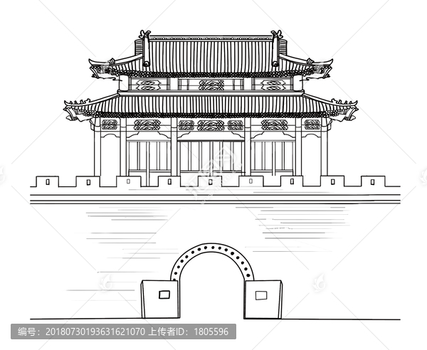 城门楼广府城鼓楼钟楼太极城插画