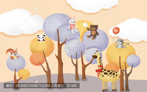 動物樹上樂園派對手繪卡通