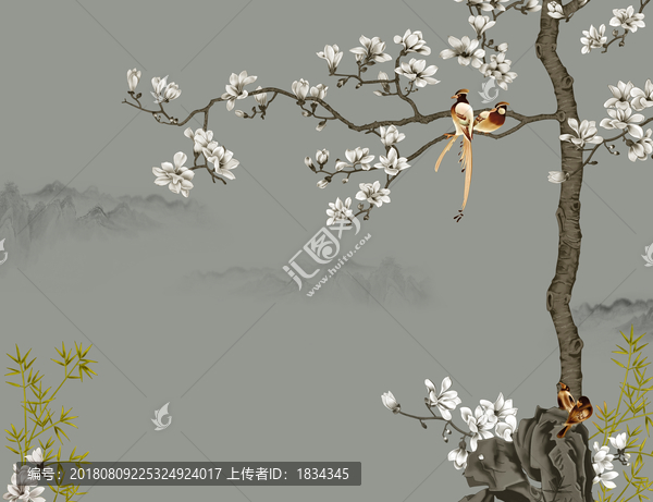 手繪玉蘭樹山水背景墻