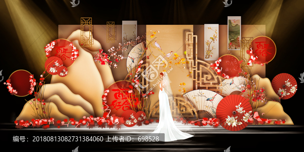 紅金色新中式婚禮舞臺(tái)效果圖