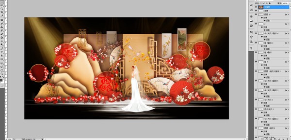 紅金色新中式婚禮舞臺(tái)效果圖