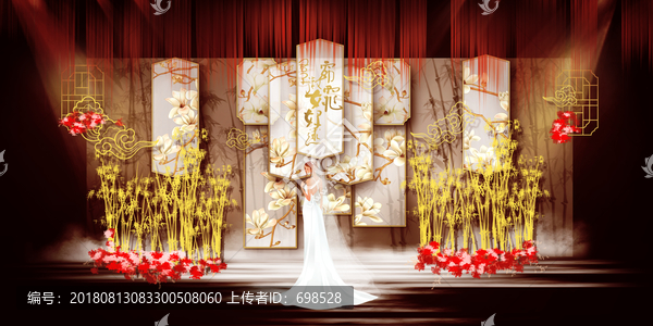 紅金色新中式婚禮舞臺(tái)效果圖
