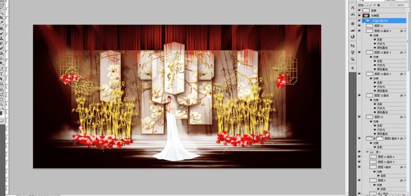 紅金色新中式婚禮舞臺(tái)效果圖