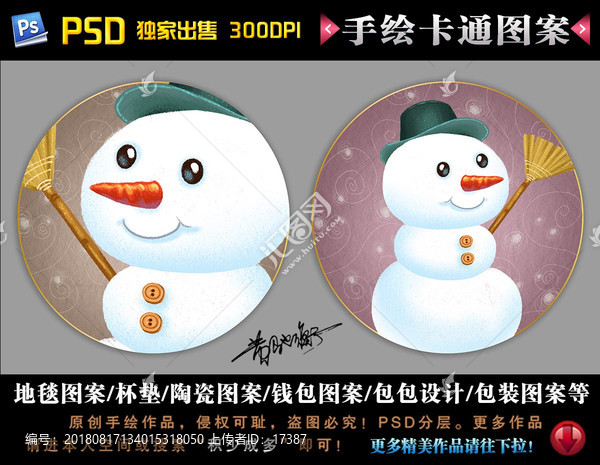 卡通雪人圓形地毯杯墊圖案