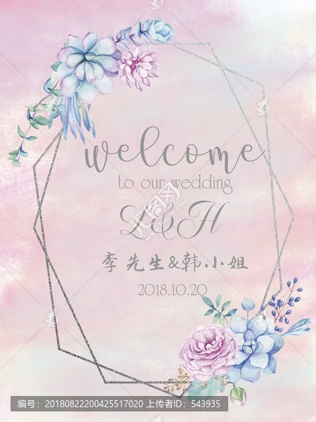 粉色藍色婚禮迎賓牌