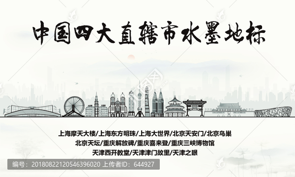 中國直轄市水墨地標