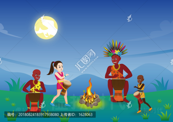 非洲鼓篝火插画