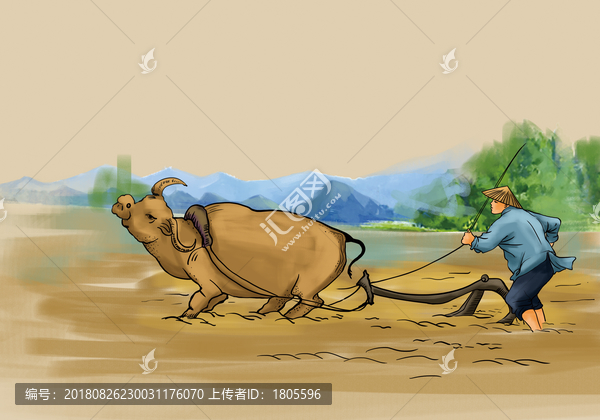 牛拉犁插畫