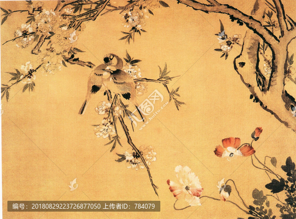 顏岳桃花雙禽圖