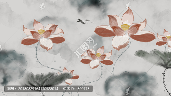 手繪莫蘭迪色水墨荷花