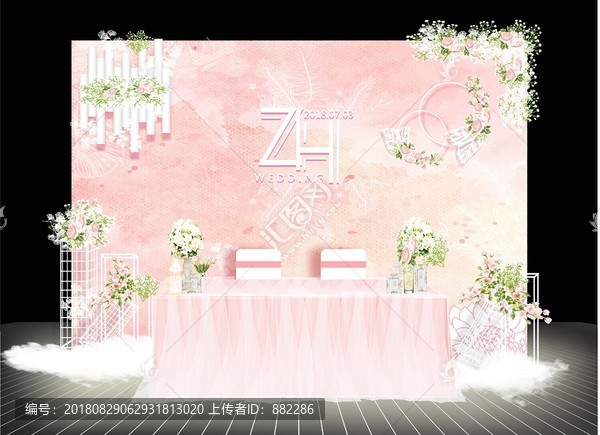 粉色唯美浪漫婚禮簽到臺設計