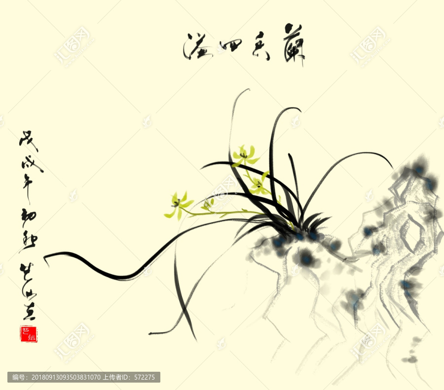 石頭蘭花水墨畫裝飾畫