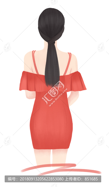 手繪美女少女背影
