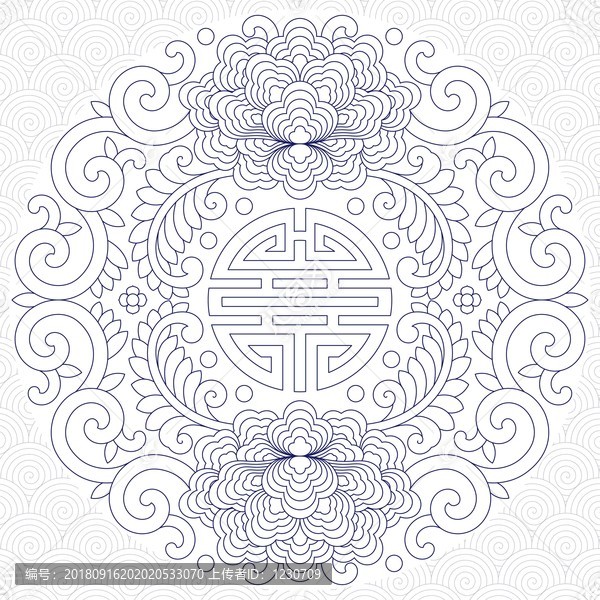 牡丹壽字紋矢量單線