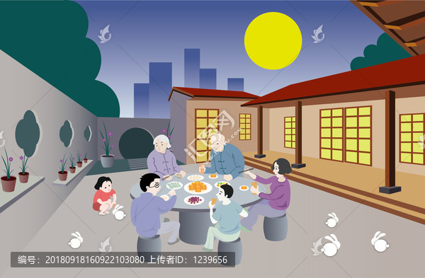 中秋节一家人团圆饭插画手绘月饼