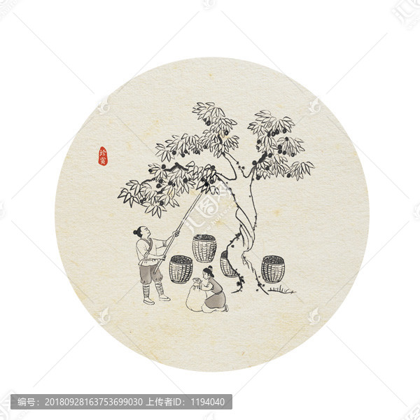 水墨畫打紅棗豐收圖片PSD