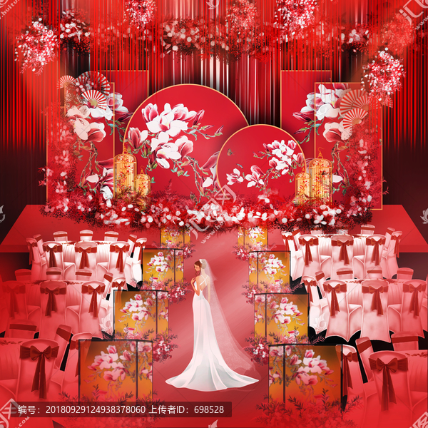 红金色新中式婚礼舞台设计