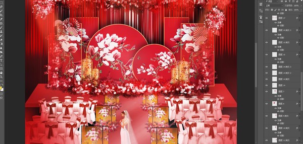 紅金色新中式婚禮舞臺設(shè)計(jì)