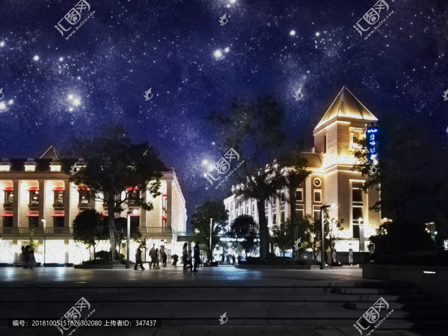 西式建筑夜景油画