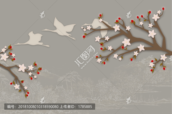 新中式山水柔美線描壁畫分層