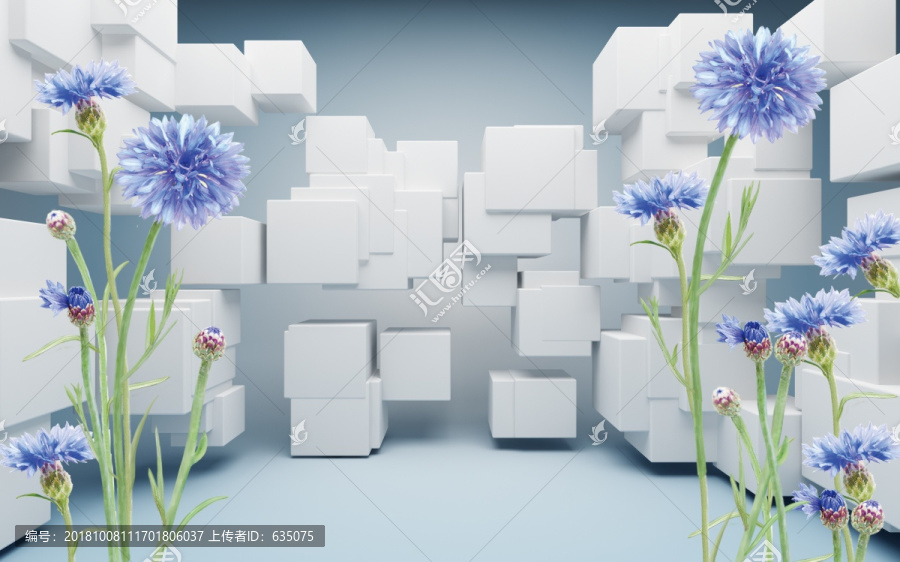 3D立體方塊藍(lán)色雛菊小菊花