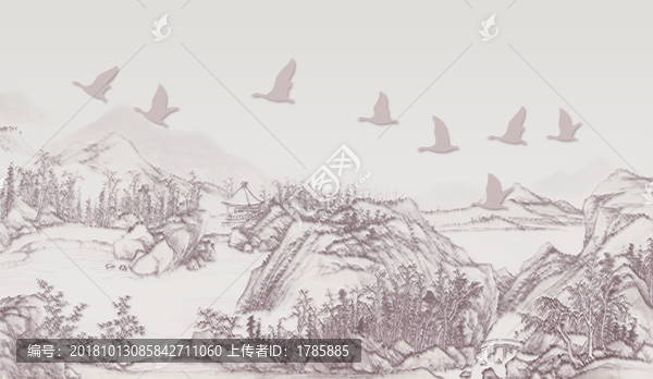 新中式山水柔美线描壁画分层