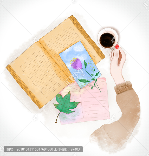 咖啡與書手繪插畫