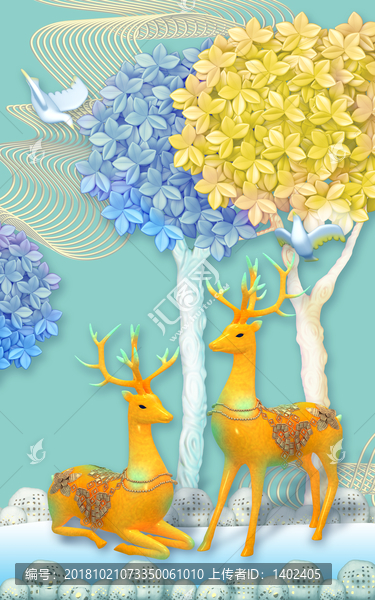 3D浮雕梅花鹿發(fā)財樹玄關(guān)背景墻