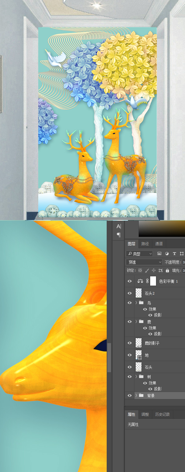 3D浮雕梅花鹿發(fā)財樹玄關(guān)背景墻