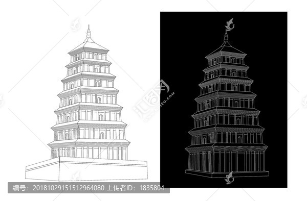 西安大雁塔线描