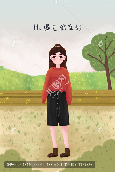 文藝女孩紅衣插畫