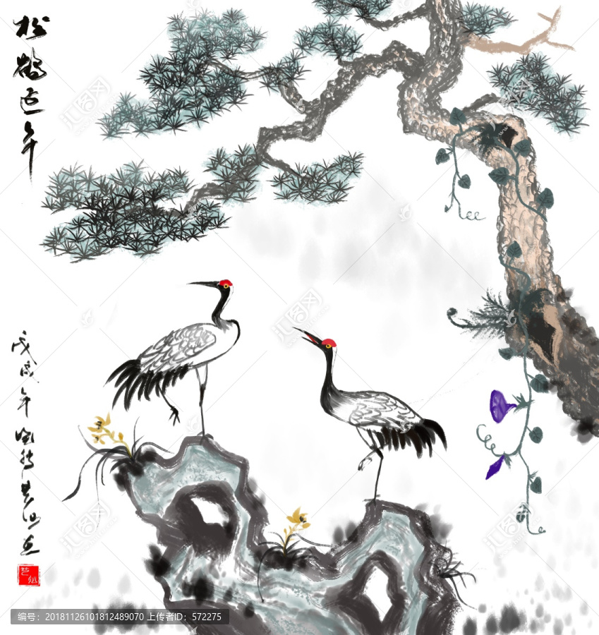 松鹤延年挂画国画