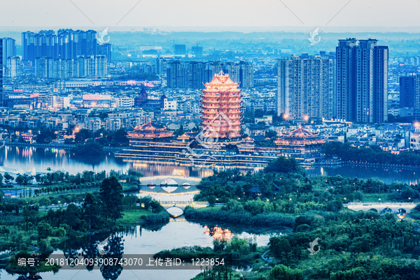 眉山湿地公园远景楼城市俯拍