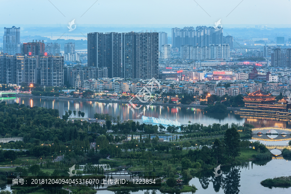 眉山湿地公园远景楼城市俯拍