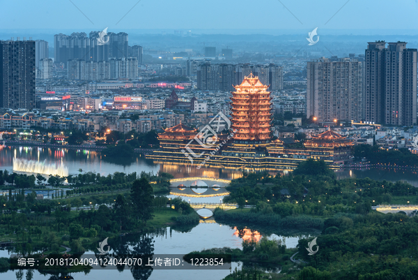 眉山湿地公园远景楼城市俯拍