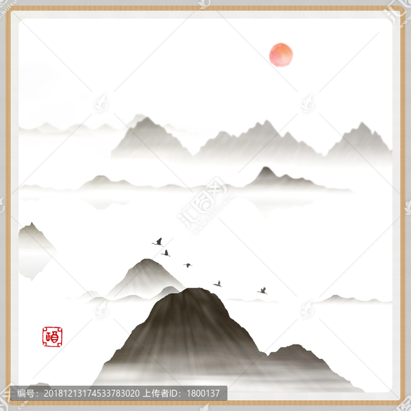 书房聚宝盆壁画山峰水墨画