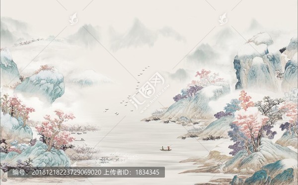新中式彩色水墨山水背景墻