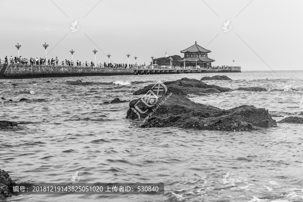 青岛栈桥黑白照片