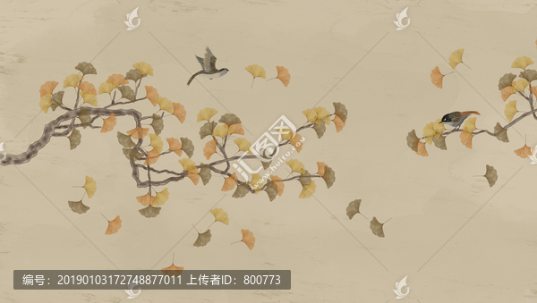 手繪古典銀杏花鳥畫