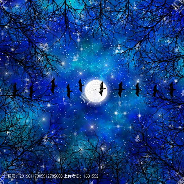 藍(lán)色高清樹影星空宇宙裝飾畫