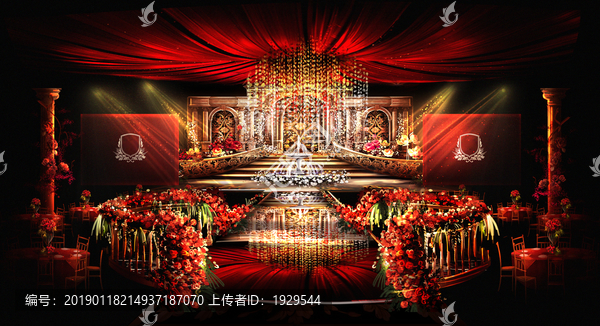 歐式紅金巴洛克水晶舞臺(tái)婚禮效果