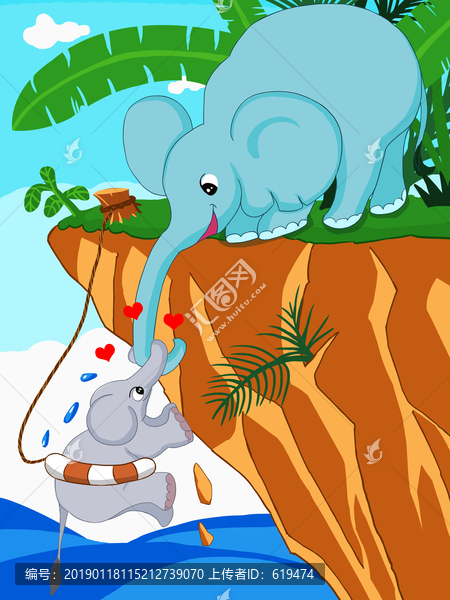 小象游泳回來大象幫它上岸插畫