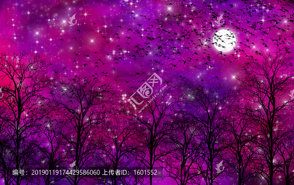 高清唯美樹影星空吊頂軟膜壁紙畫