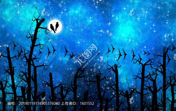高清唯美樹影星空吊頂軟膜壁紙畫