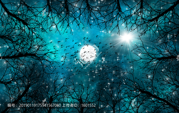 高清唯美樹(shù)影星空吊頂軟膜壁紙畫(huà)