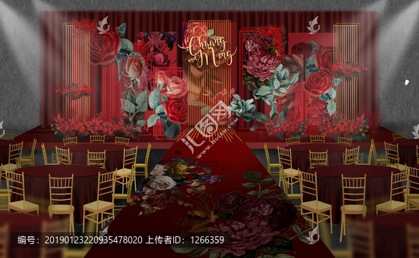 復(fù)古紅色藝術(shù)花婚禮手繪效果圖