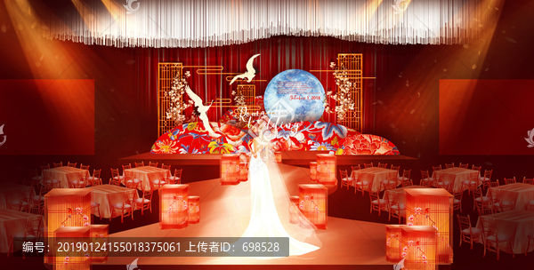 紅金色新中式婚禮舞臺(tái)效果圖